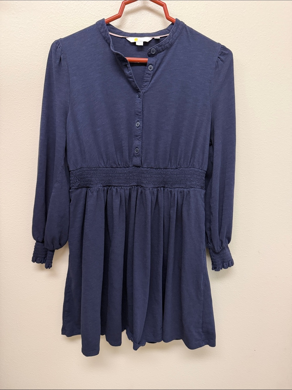 Boden Navy Smocked-Waist Long Sleeve Dress